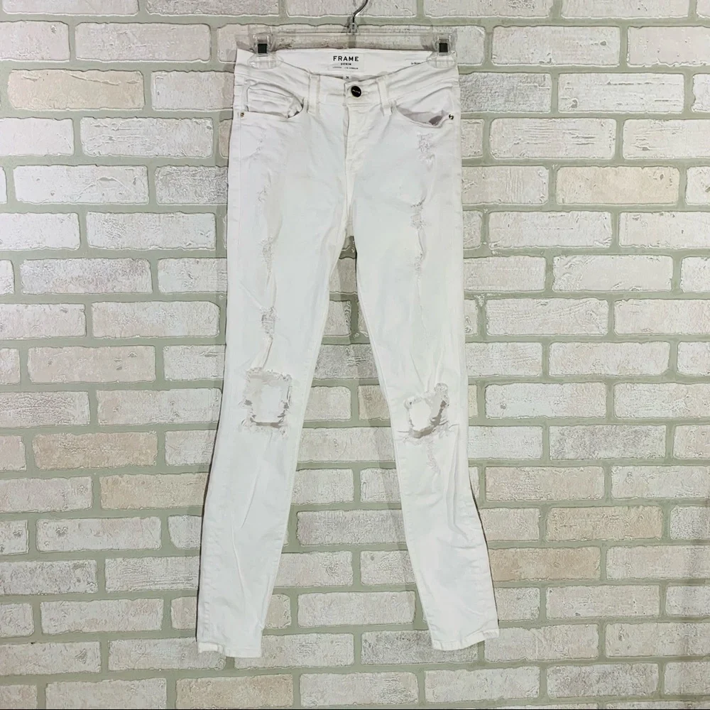 Frame Le Skinny de Jeanne Jeans in Blanc Distressed Size 26